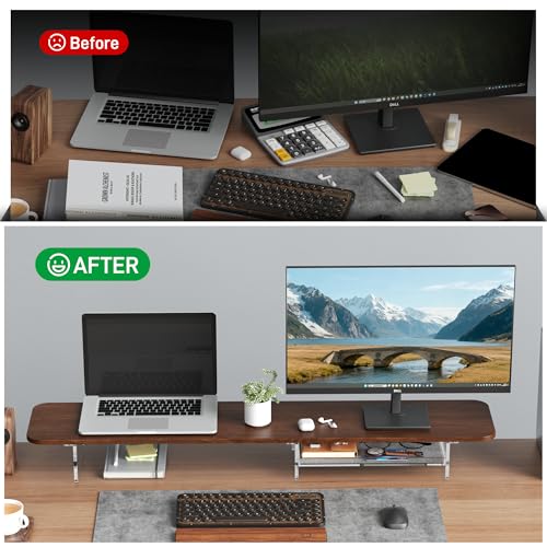 Dual Monitor Stand 43 Inch Extra Large Monitor Riser for Desk, Acrylic Clear Legs Desk Organizer Shelf with Felt Lining Storage Drawer, Compatible with Computer Laptop PC Printer Flat Screen TV