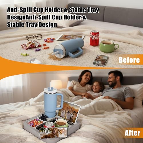 Heavyrain Couch Remote Holder Caddy Cup Holder Tray for Couch and Bed - Spill-Proof Armrest Organizer with Removable Divider, Perfect for Gaming, Movie Night, Remote Control, Snack & Phone Storage