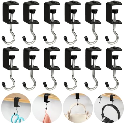VZZNN 12 Pack Purse Hook for Table Heavy Duty Non-Slip Purse Hook for Desk Adjustable Clamp-on Under Desk Hanger High-Strength Alloy Material for Table for School/Office,Black - color: Black