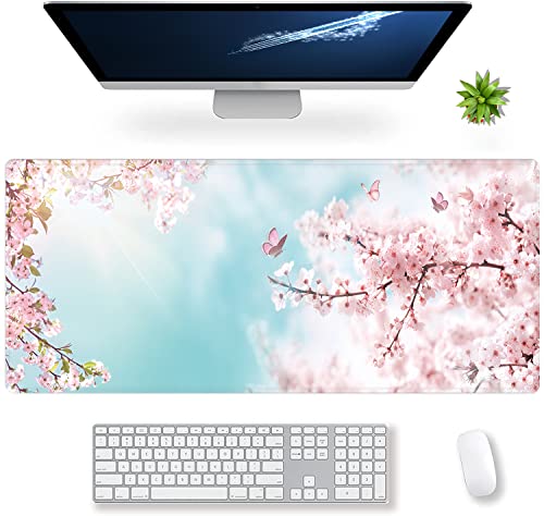 Extended Large Gaming Mouse Pad Dreamy Romantic Pink Sakura Butterflies XXL Size Keyboard Mouse Mat Desk Pad with Non Slip Rubber Base Stitched Edges Office Decor for Women Girls Men,35.4 x 15.7inch - color: sakura butterflies
