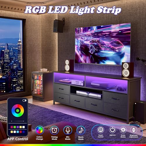 Korfile 55 Inch LED TV Stand for Bedroom, 6 Drawers Entertainment Center with Power Outlets for 50/55/60 Inch TV, Media Console Table with Shelves for Living Room & Hallway, PU Leather Surface, Black