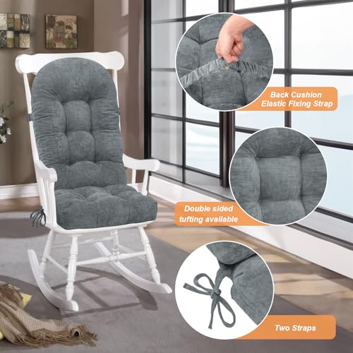 Rocking Chair Cushion - Chenille Fabric, High-Density Sponge, Durable Comfort Double-Sided Tufted Seat Pads with Ties, Chenille︱Light Grey, 44x19x4 inch - color: Reversible | Light Grey