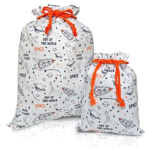Gather & Knot Drawstring Gift Bags | 20" Large 12" Small | Premium Canvas | Reusable Fabric Wrap for Boys Birthdays, Baby Shower | Space - color: Space