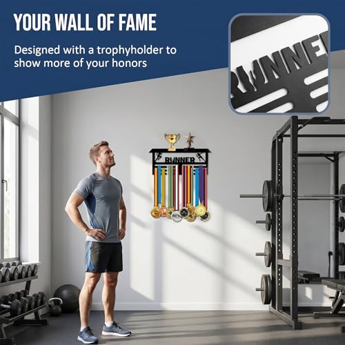 Resama Medal Hanger Holder Display Wall Rack Frame Shelf-Medal Hanger Awards Ribbon Soccer,Gymnastics,Holder Display Rack for 60 Medals - color: Runner-TD