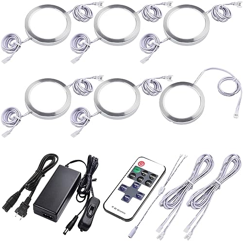 Under Cabinet Puck Lighting Kit, Atmosphere Ambiance Lighting, Dimmable Wireless RF LED Remote Control, Daisy Chain Linable, AC120V to DC12V, Hardwired or Wall Plug, 6 Lights, Daylight - color: 6 Lights, Daylight
