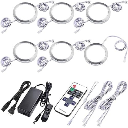 Under Cabinet Puck Lighting Kit, Atmosphere Ambiance Lighting, Dimmable Wireless RF LED Remote Control, Daisy Chain Linable, AC120V to DC12V, Hardwired or Wall Plug, 6 Lights, Daylight - color: 6 Lights, Daylight