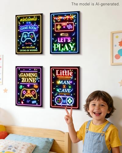 Video Game Decor for Teen Boys Gaming Wall Neon Sign Gamer Room Welcome Little Man Cave Teenage Bedroom Posters Decor Ready to Hang Set of 4, 12x16in (Framed) - size: 16L" x 12W" x 4 Panels