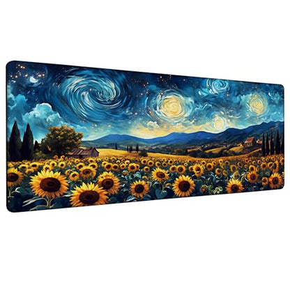 Sunflowers Under A Starry Night Sky Gaming Mouse Pad Large Desk Mat Extended Keyboard Anime Mousepad with Non-Slip Base and Stitched Edge for Desk Home Office Gaming,31.5 x 11.8 Inch - color: Sunflowers under A Starry Night Sky, size: 11.8*31.5inch
