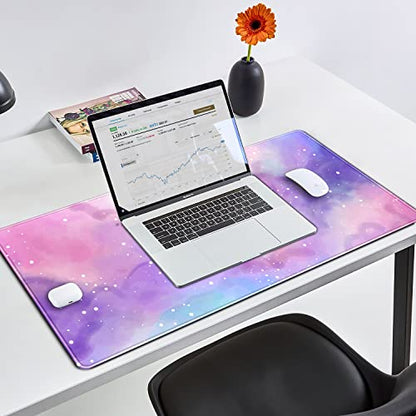 Desk Pad Purple Starry Sky Cute Gaming Mouse Pad Galaxy Gamer Girl Cute Pink Desk Decor Keyboard Desk Mat, Stitched Edges Desktop with Stitched Edges Non-Slip Large Computer Mat 31.5x15.7 in - color: B-pink Lucky Clouds