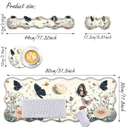 Bxgolkgd Desk Mat Set,Mouse Pad with Keyboard Wrist Rest & Mouse Wrist Rest,Wave-Shaped Design,Non-Slip Rubber Base,Ergonomic Desk Mat for Home,Office,Gaming,Flower Butterfly - color: Flower Butterfly