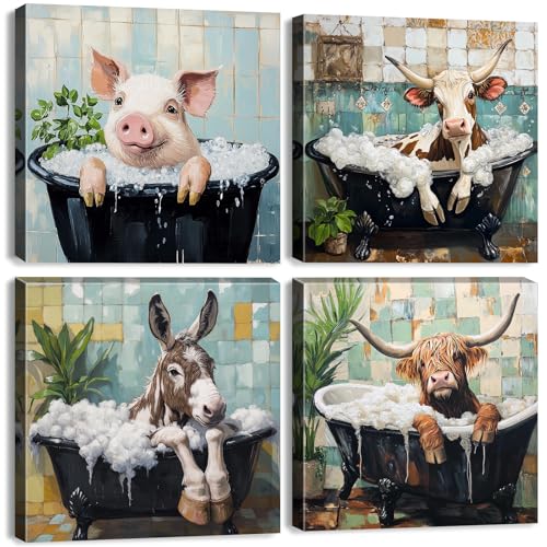 Funny Animal Bathroom Wall Art Farmhouse Cow Pictures Wall Decor Cute Highland Cow Pictures Kids Nursery Room Decor Pig Donkey Canvas Paintings Artwork for Toddler Bedroom Home Decoration 12x12" 4Pcs - color: Animal Bath, size: 12 x 12 in