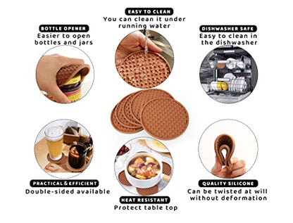 Coasters for Drinks 6 Pack Drinking Plastic Coaster with Holder,Heat Resistant Silicone Cup Mat Tabletop Protection,Non-Slip Rubber Coasters for Kinds of Cups (Brown) - color: Brown-metal Holder