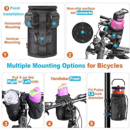 Bike Water Bottle Holder 32oz - 40oz Bike Cup Holder Multi-Holes Installing Insulated Water Bottle Holder for Bike with Removable Non-Slip Hook&Loop Fasteners and Shoulder Strap (Black) - color: Oxford Cloth, Black