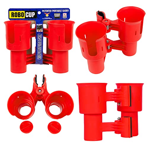 ROBOCUP, (Red), Patented Clamp On Boat Cup Holder |Multifunction Dual Drink Caddy for Fishing Poles, Tools, Net, Gaff |Portable Storage for Boating, Beach, Umbrellas, Golf Carts, Strollers - color: Red, size: Standard Spring