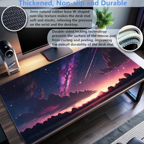 Anime Galaxy Desk Mat, Large Gaming Mouse Pad 31.5x15.7x0.12 in for Gamer | Thick 3mm comfort desk pad with vibrant anime starry night print, smooth fabric surface, and non-slip rubber backing. - color: Purple-sky