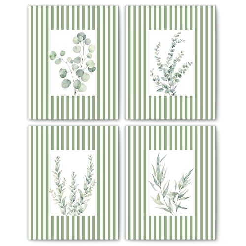 FITIE Sage Green and White Striped Eucalyptus Botanical Wall Art Posters Set of 4, Plant Room Home Decor, Fresh Natural Leaves Plants Canvas Prints Artwork Wall Decor, 8x10 Unframed - color: Home Wall Art 03