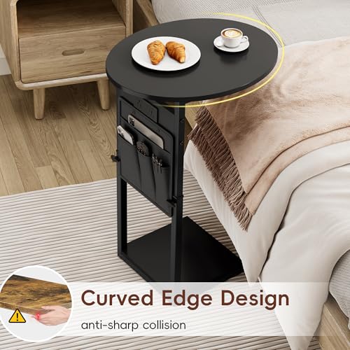 Vagusicc C Shaped End Table with Charging Station, 32" Tall Side Table for Couch and Recliner, Adjustable Height Small Couch Side Table Slide Under Sofa TV Tray Table for Living Room, Bedroom, Black - color: Black, style: Charging Station