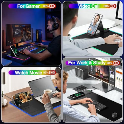 XXL RGB LED Gaming Mouse Pad with Magnetic Wireless Charger & Foldable Phone Holder, 31.5"x11.8" Extended Ultra-Smooth Desk Mat, 25 Lighting Effects, Non-Slip Base - color: RGB-31.5"x11.8"-Magnetic Stand-Left