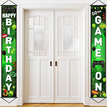 Blulu Game On Birthday Banner - Video Game Party Decorations, Controller Door Sign, Happy Backdrop, Gamer Party Background, Block Night Decoration