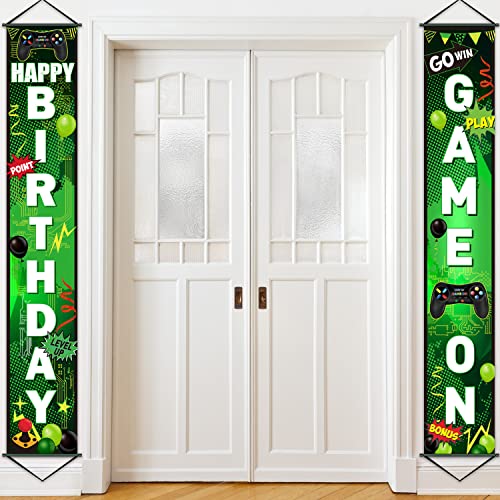 Blulu Game On Birthday Banner - Video Game Party Decorations, Controller Door Sign, Happy Backdrop, Gamer Party Background, Block Night Decoration