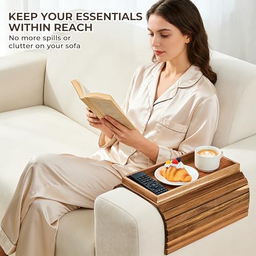 LOVYANXUE Acacia Wood Sofa Arm Tray, Foldable Couch Armrest Table with Anti-Slip Pad, Couch Arm Tray & Cup Holder for Drinks, Coffee, Snacks, Phone, Remote Control - color: Acacia Wood, size: Large (without Phone Holder)