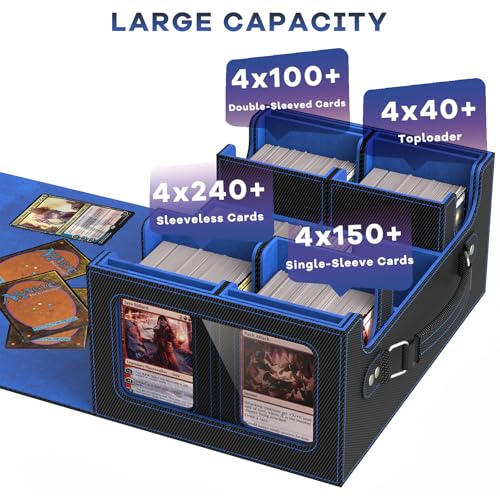 Commander Deck Box for MTG Fits 400+ Double-Sleeved Card Storage, 4 IN 1 Removable Card Case with Multi-purpose Deck Case, Display Window for TCG/PTCG/EDH, 4 Magnetic One Touch Holders(Black Blue) - color: Black Blue