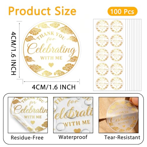 100PCS Thank You for Celebrating with Me Stickers,Gold Party Favor Labels with Elegant Cloud Design Seals for Gift Bags, Dessert Table, Birthday, Baby Shower, Graduation Favors 1.6" (Gold)