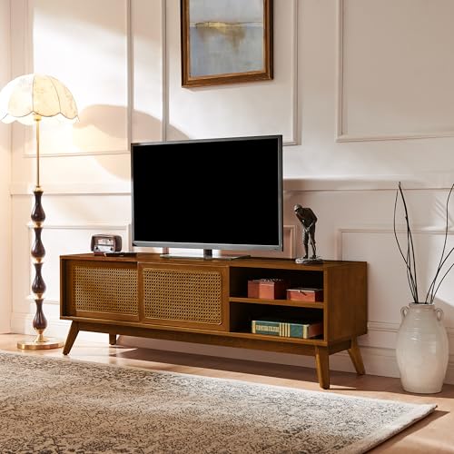 LKTART Mid Century Modern Rattan TV Stand for 65 Inch TV,59" Boho Media Console with Sliding Doors & Open Shelves,Solid Wood Legs for Living Room,Light Walnut - color: 59" Light Walnut