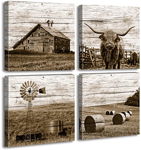 DJSYLIFE Farmhouse Highland Cow Canvas Wall Art, Rustic Western Decor 12×12 | Sepia Rustic Farm Print, Men Bedroom Office Decor, Canvas Wrapped Frame, 4 Panel Set, Ready Hang, Western Farmhouse Wall Art - color: farmhouse