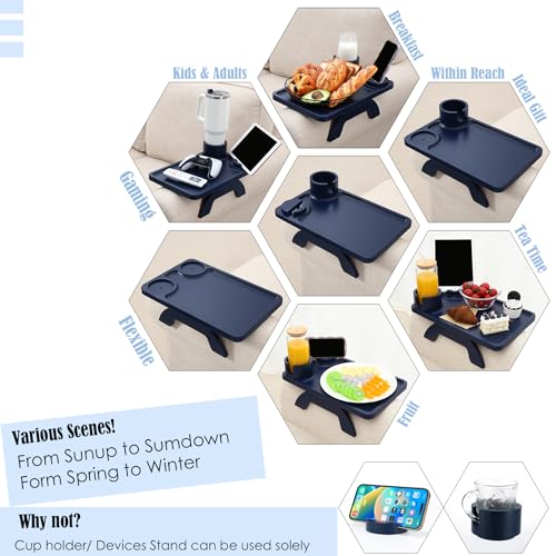 Nnewvante Couch Arm Tray,3 in 1 Large 15.36"x9.85" Bamboo Couch Table Armrest Sofa Arm Clip on Tray Table with 360°Rotated Phone/Cup Holder,Navy Blue - color: Navyblue