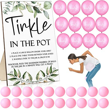 Tatuo 71 Tinkle in The Pot Baby Shower Game Sign Wooden Baby Shower Gender Reveal Party Favors 20 Table Tennis Balls 50 Balloon Latex Balloon(Leaves,Pink) - color: Pink, style: Leaves