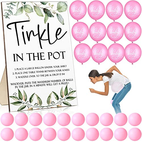 Tatuo 71 Tinkle in The Pot Baby Shower Game Sign Wooden Baby Shower Gender Reveal Party Favors 20 Table Tennis Balls 50 Balloon Latex Balloon(Leaves,Pink) - color: Pink, style: Leaves