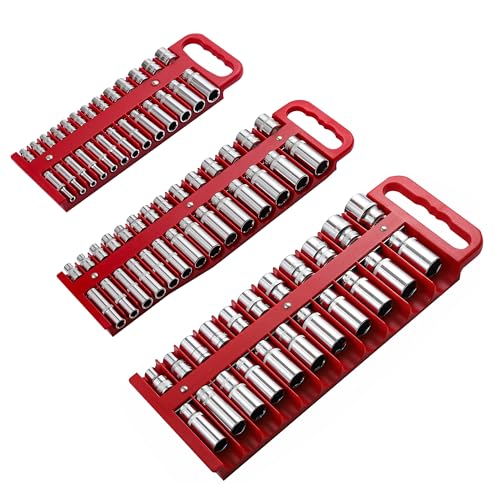 Reniteco Magnetic Socket Organizer Set, 3 Pcs Blue Portable Heavy Duty Socket Rail Set: 1/4-Inch x 22 Pallets, 3/8-Inch x 28 Pallets, 1/2-Inch x 26 Pallets, Hold 76 Sockets - Fit Shallow&Deep Sockets - color: Red