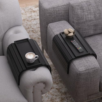 2 Pack Sofa Arm Tray, Bamboo Folding Couch Armrest Tray with Anti-Slip Pad for Drinks, Snacks, Phone, Remote Control (Black) - color: Black
