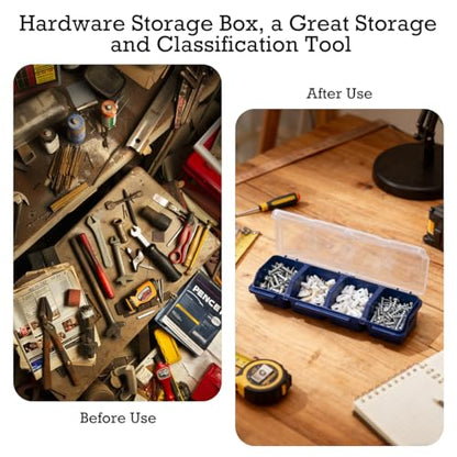 4 Pack Parts Organizer Box, 4 Compartment Hardware Storage Bin with Translucent Lid & Secure Lock, Heavy Duty PP Plastic Screw Bolt Nut Container, Stackable for Garage Workshop Workbench, Blue