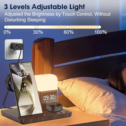 Wireless Charger for Samsung/Android, 6 in 1 Phone Nightstand Charging Station Charger with Alarm Clock/Night Light for Samsung S26/S25/S24 Ultra/Buds4,Watch Charger for Galaxy Watch 8/7/6/5 - color: Woodgrain