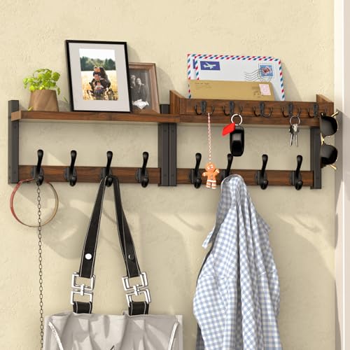 35'' Long Rustic Coat Rack Wall Mount with Shelf, Solid Wood Coat and Key Hanger with 13 Metal Hooks, Farmhouse Wall Organizer for Mail, Entryway Wall Hangers for Hats, Clothes, Backpacks, Mudroom - color: Rustic Brown, size: 35Inch