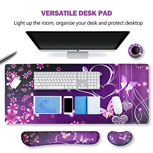 ARTSO Large Gaming Mouse Pad, Keyboard Wrist Rest Pad & Wrist Support Mousepad Set, Stitched Edge, Extended, Non-Slip Base, Memory Foam Desk Mat for Office, Home, Purple Heart Butterfly - color: Purple Heart Butterfly