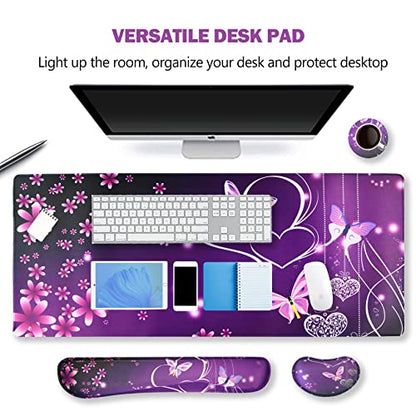 ARTSO Large Gaming Mouse Pad, Keyboard Wrist Rest Pad & Wrist Support Mousepad Set, Stitched Edge, Extended, Non-Slip Base, Memory Foam Desk Mat for Office, Home, Purple Heart Butterfly - color: Purple Heart Butterfly