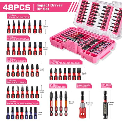 Geinxurn 48Pieces Impact Screwdriver Bits Set, Magnetic S2 Steel Phillips/Slotted/Square/Torx Insert Power Bits Tips, Impact Bit Holder with Pink Storage Box Case - style: STKB048-PK