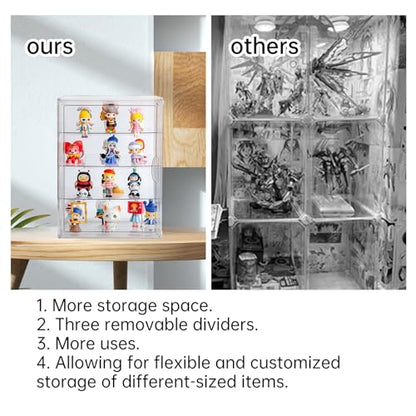 BOHOIDEE 3X-Large 4 Tiers 17.7"X13"X13" Acrylic Display Case with 3 Division Boards, Clear Organizer Box Plastic Holder with Magnetic Door for Handbags, Purses, Boots, Figures, Book - size: 3X-Large