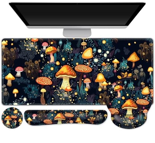 Gaming Mouse Pad, Large Desk Mat, Cute Desk Pad Protector, 4in1 XXL Mousepad + Keyboard Wrist Rest+Mouse Wrist Rest+Coaster Set with Ergonomic Desk Pad for Home Office Table Computer, Lovely Mushroom - color: Lovely Mushroom