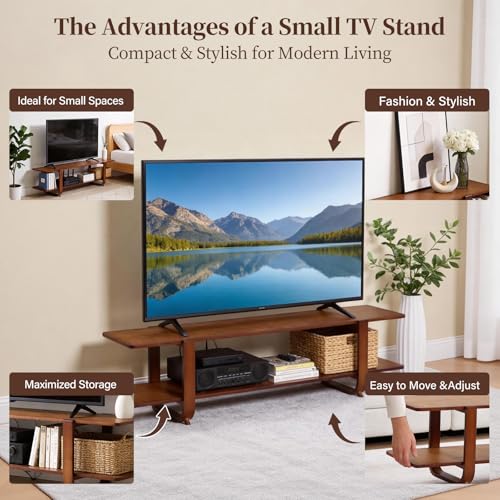 Tiita TV Stand with Storage for TVs up to 65'', Bamboo TV Console Entertainment Center with 2 Open Shelf, Mid Century Modern Media Console for Living Room, Bedroom, Walnut - color: Walnut