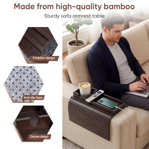Bamboo Couch Arm Tray Table with Built-in Cup Holder, Foldable Anti-Slip Sofa Armrest Table for Drinks, Phone & Remote, Fits 4.7–16.9 in Armrests, Holds Cups up to 3.5 in Diameter (Brown) - color: Brown
