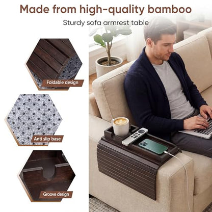 Bamboo Couch Arm Tray Table with Built-in Cup Holder, Foldable Anti-Slip Sofa Armrest Table for Drinks, Phone & Remote, Fits 4.7–16.9 in Armrests, Holds Cups up to 3.5 in Diameter (Brown) - color: Brown