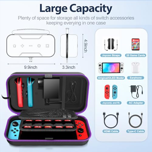 OIVO Switch 1 Carrying Case Compatible with Nintendo & OLED, Portable Switch Travel Carry Case Fit for Joy-Con and Adapter, Hard Shell Protective OLED Pouch Bag with 20 Games, Purple - color: Purple, size: 2017 inches