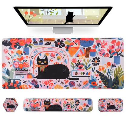 Petmolico Wrist Rest Set with Computer Keyboard Desk Pad,Mouse Wrist Rest,Keyboard Typing Wrist Pad and Cup Coasters,Ergonomic Design for Typing Pain Relief(Black,Cat with Flowers) - color: Rose