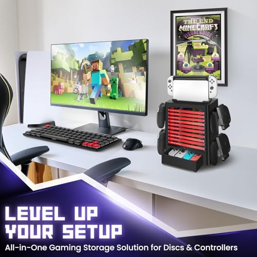 TNP Switch Organizer Station Game Storage Tower Stand for Nintendo Switch OLED with Dock Holder, 10 Game Case Vertical Shelf, 4 Controller Rack, Joy-con Drawer, Black