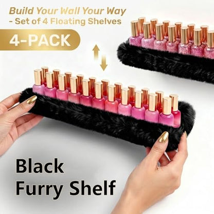 Care&More YJ 15 Inch Nail Polish Shelves, 4-Pack Fuzzy Display Nail Polish Rack for Storing Nail Bottles, Sunglasses, Essential Oils, Plush Soft Black - color: Black