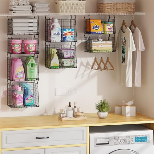4-Pack Hanging Laundry Room Organizer：Foldable Laundry Room Organizaton Wire Basket with 360°Rotating Hooks Space Saving Over Washer and Dryer Shelves - Metal Laundry Basket Storage, Black Patent - color: Black, size: 4-Pack 13.7*11*46inch